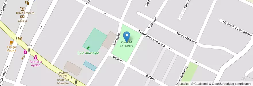 Mapa de ubicacion de Plaza 24 de Febrero en 아르헨티나, 칠레, Mendoza, Departamento Guaymallén, Distrito Villa Nueva.