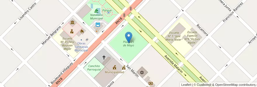 Mapa de ubicacion de Plaza 25 de Mayo en アルゼンチン, エントレ・リオス州, Departamento San Salvador, Distrito Arroyo Grande, San Salvador.