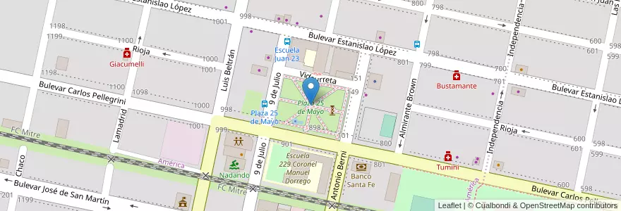 Mapa de ubicacion de Plaza 25 de Mayo en الأرجنتين, سانتا في, Departamento San Lorenzo, Municipio De Roldán, Roldán.