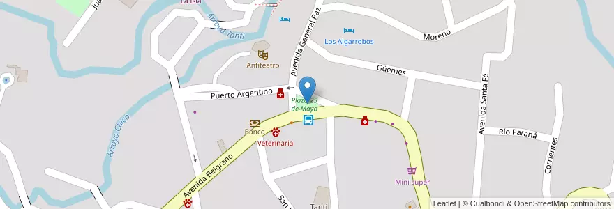 Mapa de ubicacion de Plaza 25 de Mayo en アルゼンチン, コルドバ州, Departamento Punilla, Pedanía San Roque, Municipio De Tanti, Tanti.