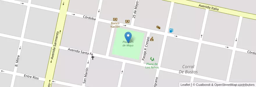 Mapa de ubicacion de Plaza 25 de Mayo en Argentina, Córdova, Departamento Marcos Juárez, Pedanía Liniers, Municipio De Corral De Bustos, Corral De Bustos.