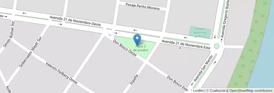 Mapa de ubicacion de Plaza 5 de octubre en Arjantin, Şili, Santa Cruz, Corpen Aike, Comandante Luis Piedrabuena, Comandante Luis Piedrabuena.