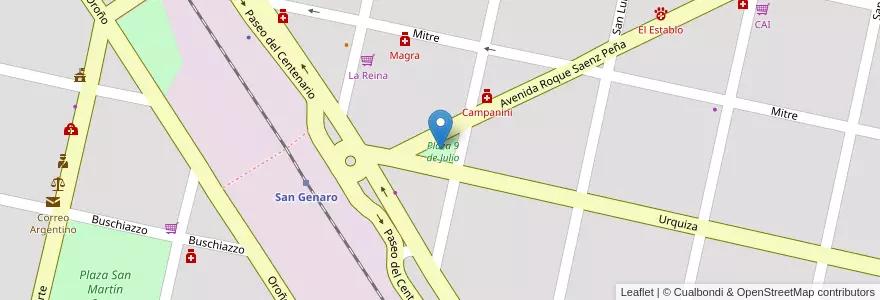 Mapa de ubicacion de Plaza 9 de Julio en Argentinië, Santa Fe, Departamento San Jerónimo, Municipio De San Genaro, San Genaro.