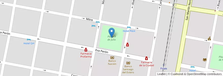 Mapa de ubicacion de Plaza 9 de Julio en アルゼンチン, サンティアゴ・デル・エステロ州, Departamento Choya, Frías.