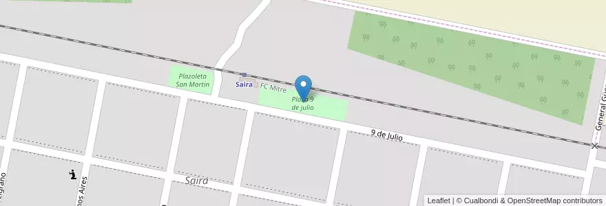 Mapa de ubicacion de Plaza 9 de julio en Argentinien, Provinz Córdoba, Departamento Marcos Juárez, Pedanía Colonias, Comuna De Saira, Saira.