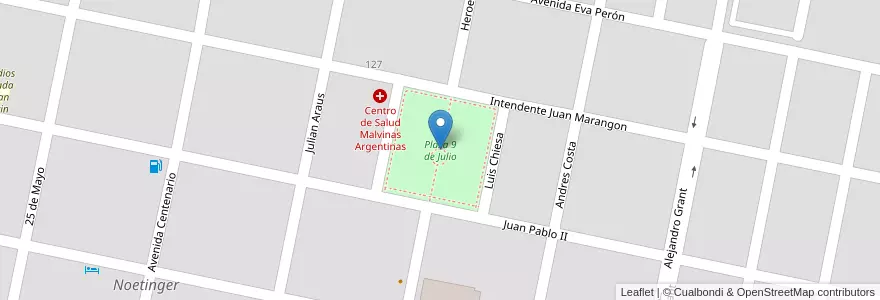 Mapa de ubicacion de Plaza 9 de Julio en Argentinië, Córdoba, Departamento Unión, Pedanía Litín, Municipio De Noetinger, Noetinger.