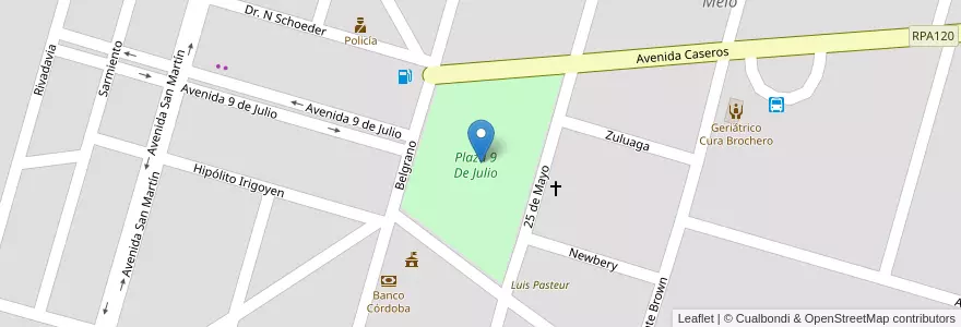 Mapa de ubicacion de Plaza 9 De Julio en アルゼンチン, コルドバ州, Departamento Presidente Roque Sáenz Peña, Pedanía La Amarga, Municipio De Melo, Melo.