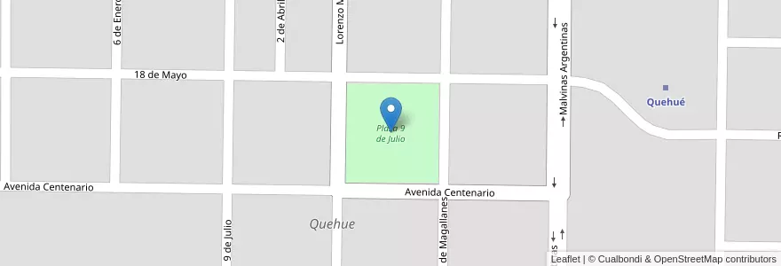 Mapa de ubicacion de Plaza 9 de Julio en Arjantin, La Pampa, Departamento Utracán, Municipio De Quehué, Quehue.