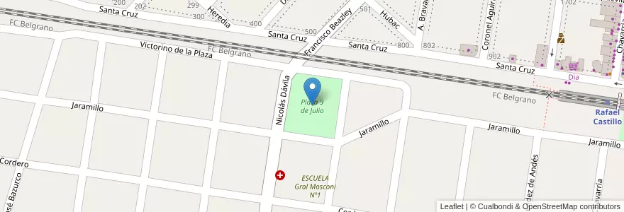 Mapa de ubicacion de Plaza 9 de Julio en アルゼンチン, ブエノスアイレス州, Partido De La Matanza, Rafael Castillo.