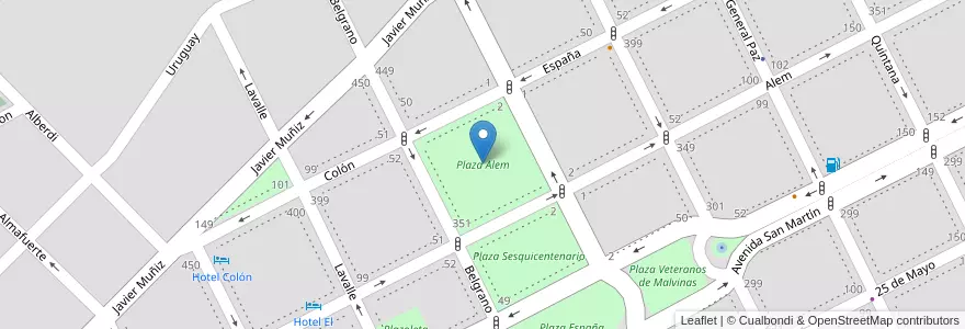 Mapa de ubicacion de Plaza Alem en Argentina, Buenos Aires, Partido De Junín, Junín.