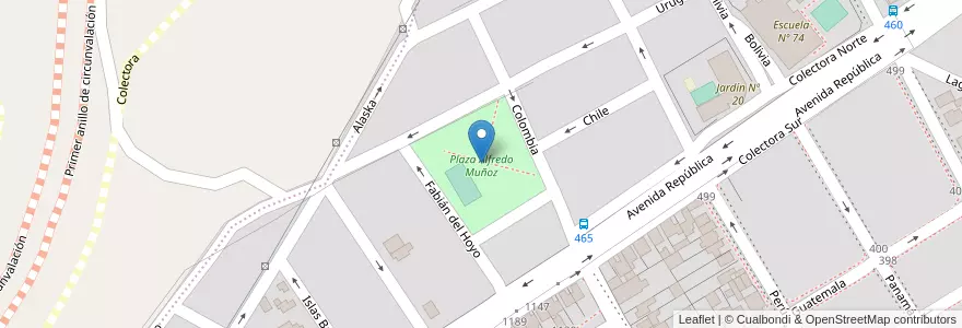 Mapa de ubicacion de Plaza Alfredo Muñoz en الأرجنتين, محافظة سانتا كروز, تشيلي, Mirador, Deseado, Caleta Olivia.