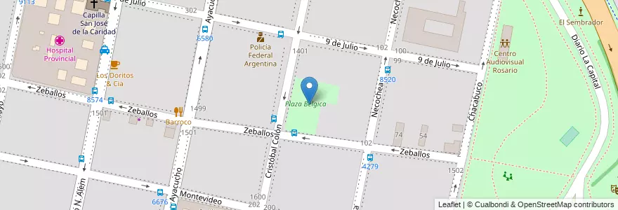 Mapa de ubicacion de Plaza Bélgica en آرژانتین, سانتافه, Departamento Rosario, Municipio De Rosario, تسبیح.
