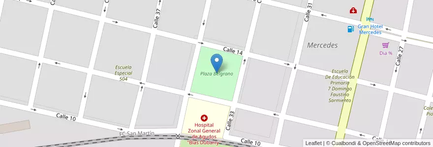 Mapa de ubicacion de Plaza Belgrano en Argentinië, Buenos Aires, Partido De Mercedes, Mercedes.