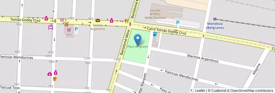 Mapa de ubicacion de Plaza Belgrano en Argentine, Chili, Mendoza, Departamento Guaymallén, Distrito Nueva Ciudad.