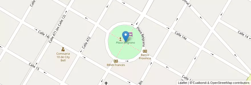Mapa de ubicacion de Plaza Belgrano, City Bell en Argentina, Provincia Di Buenos Aires, Partido De La Plata, City Bell.