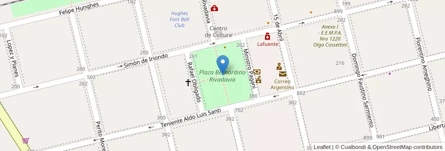 Mapa de ubicacion de Plaza Bernardino Rivadavia en Arjantin, Santa Fe, Departamento General López, Municipio De Hughes, Hughes.