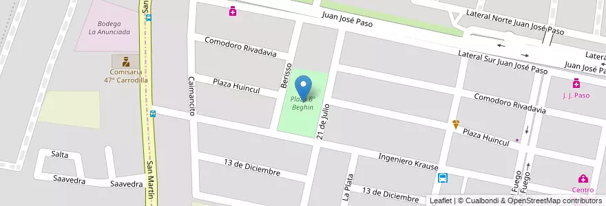 Mapa de ubicacion de Plaza Bº Beghin en Arjantin, Şili, Mendoza, Departamento Luján De Cuyo, Distrito Carrodilla, Luján De Cuyo.