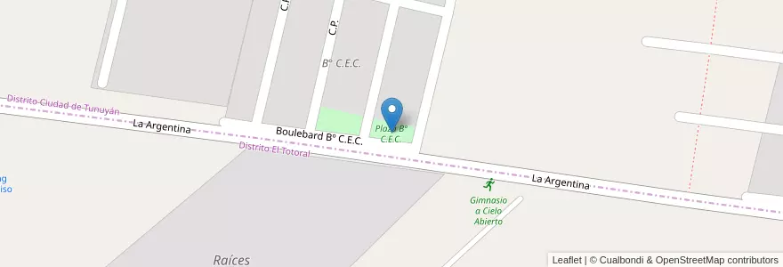 Mapa de ubicacion de Plaza Bº C.E.C. en آرژانتین, شیلی, Mendoza, Departamento Tunuyán, Distrito Ciudad De Tunuyán.