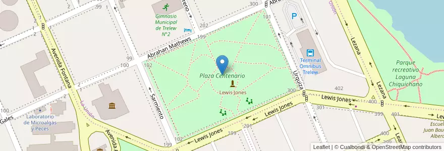 Mapa de ubicacion de Plaza Centenario en アルゼンチン, チュブ州, Trelew, Departamento Rawson.