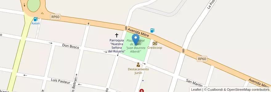 Mapa de ubicacion de Plaza Central de Junín "Juan Bautista Alberdi" en アルゼンチン, チリ, メンドーサ州, Departamento Junín, Distrito Ciudad.