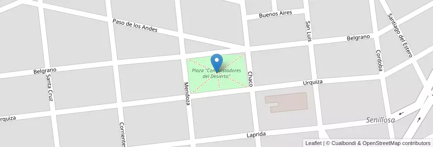 Mapa de ubicacion de Plaza "Conquistadores del Desierto" en 아르헨티나, 칠레, 네우켄주, Departamento Confluencia, Municipio De Senillosa, Senillosa.