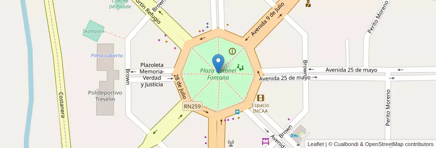 Mapa de ubicacion de Plaza Coronel Fontana en Аргентина, Чили, Чубут, Departamento Futaleufú, Trevelin.