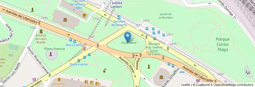 Mapa de ubicacion de Plaza Dante, Recoleta en 아르헨티나, Ciudad Autónoma De Buenos Aires, Comuna 2, 부에노스아이레스.