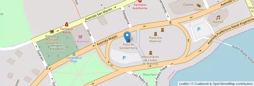 Mapa de ubicacion de Plaza de Gendarmería en 아르헨티나, Departamento Ushuaia, 칠레, 티에라델푸에고주, Ushuaia.