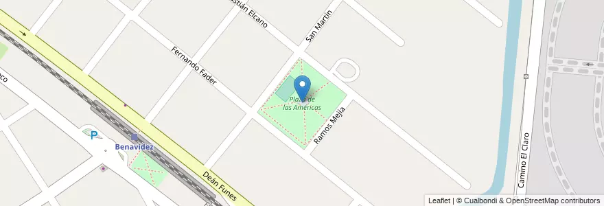 Mapa de ubicacion de Plaza de las Américas en 아르헨티나, 부에노스아이레스주, Partido De Tigre, Benavídez.