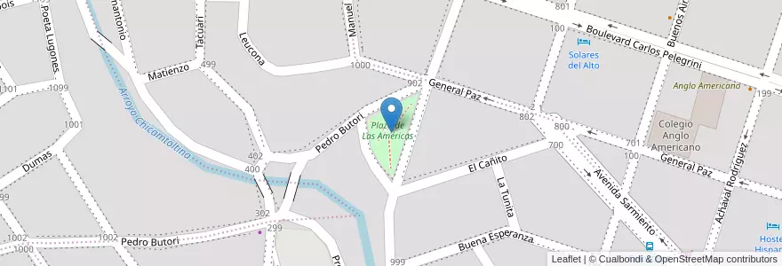 Mapa de ubicacion de Plaza de Las Américas en Аргентина, Кордова, Departamento Santa María, Pedanía Alta Gracia, Municipio De Alta Gracia, Alta Gracia.