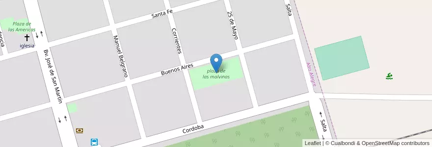 Mapa de ubicacion de plaza de las malvinas en アルゼンチン, コルドバ州, Departamento Unión, Pedanía Ballesteros, Municipio De Alto Alegre, Alto Alegre.