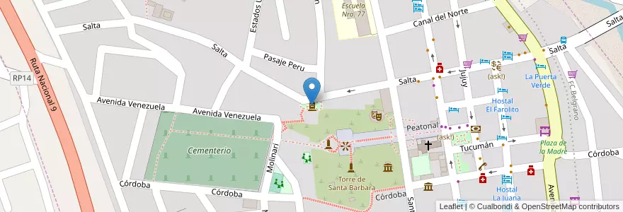 Mapa de ubicacion de Plaza de los Artilleros en Arjantin, Jujuy, Departamento Humahuaca, Municipio De Humahuaca, Humahuaca.
