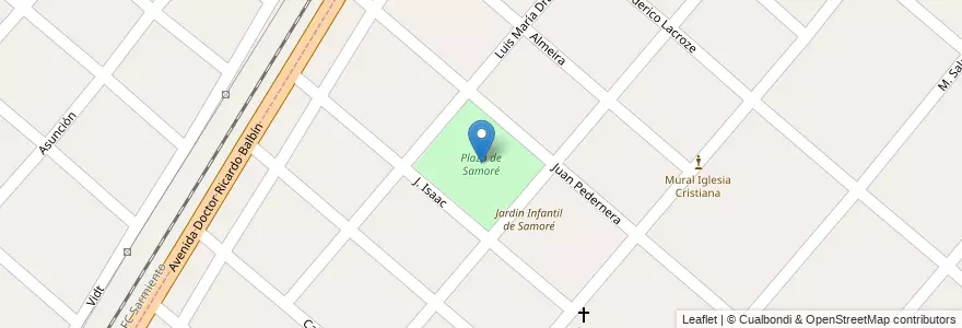 Mapa de ubicacion de Plaza de Samoré en آرژانتین, استان بوئنوس آیرس, Partido De Merlo, Parque San Martín.