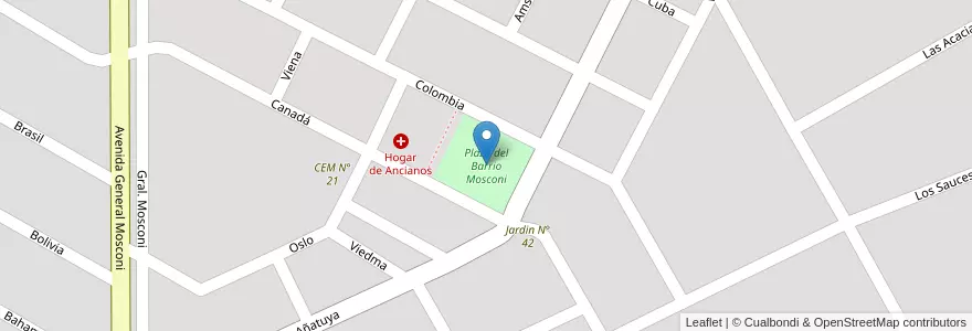 Mapa de ubicacion de Plaza del Barrio Mosconi en アルゼンチン, チリ, リオネグロ州, Catriel, Departamento General Roca.