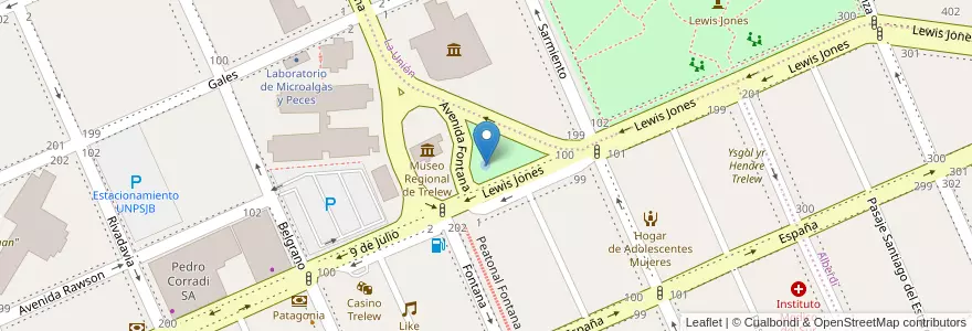 Mapa de ubicacion de Plaza del ferrocarril en アルゼンチン, チュブ州, Trelew, Departamento Rawson.