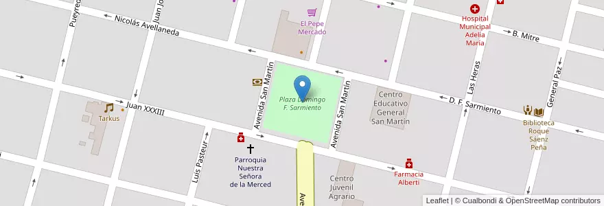 Mapa de ubicacion de Plaza Domingo F. Sarmiento en 아르헨티나, Córdoba, Departamento Río Cuarto, Pedanía Cautiva, Municipio De Adelia María, Adelia María.