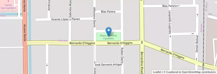 Mapa de ubicacion de Plaza Escritores Cipoleños en Аргентина, Чили, Рио-Негро, Cipolletti, Departamento General Roca.