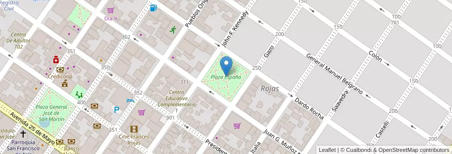 Mapa de ubicacion de Plaza España en Arjantin, Buenos Aires, Partido De Rojas, Rojas.