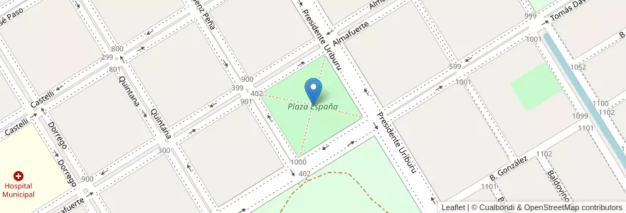 Mapa de ubicacion de Plaza España en Argentina, Buenos Aires, Partido De Trenque Lauquen, Cuartel Chacras De Trenque Lauquen, Trenque Lauquen.