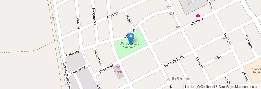 Mapa de ubicacion de Plaza Filiberto Simionato en Argentinië, Chili, Mendoza, Godoy Cruz, Departamento Godoy Cruz, Distrito Presidente Sarmiento.
