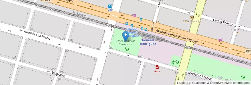 Mapa de ubicacion de Plaza Gemeral Sarmiento en アルゼンチン, ブエノスアイレス州, Partido De General Rodríguez.