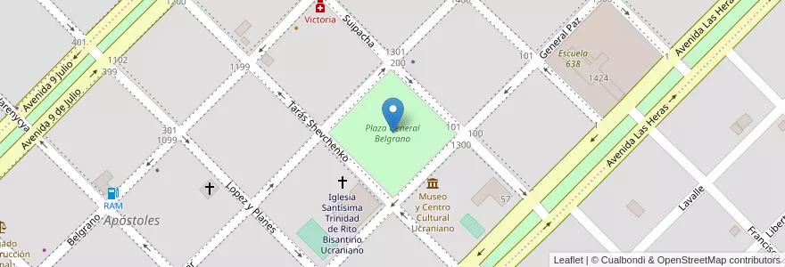 Mapa de ubicacion de Plaza General Belgrano en アルゼンチン, ミシオネス州, Departamento Apóstoles, Municipio De Apóstoles, Apóstoles.