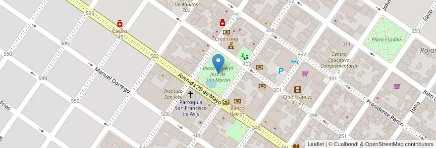 Mapa de ubicacion de Plaza General José de San Martín en Аргентина, Буэнос-Айрес, Partido De Rojas, Rojas.