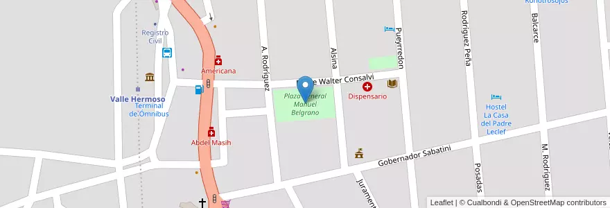 Mapa de ubicacion de Plaza General Manuel Belgrano en Arjantin, Córdoba, Departamento Punilla, Pedanía San Antonio, Municipio De Valle Hermoso.