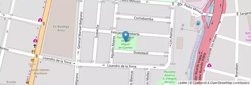 Mapa de ubicacion de Plaza General Martín Miguel de Güemes en 아르헨티나, 칠레, Mendoza, Godoy Cruz, Departamento Godoy Cruz, Distrito Ciudad De Godoy Cruz.