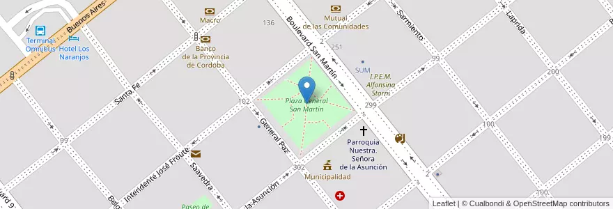 Mapa de ubicacion de Plaza General San Martín en Arjantin, Córdoba, Departamento Juárez Celman, Pedanía Carnerillo, Municipio De General Deheza, General Deheza.