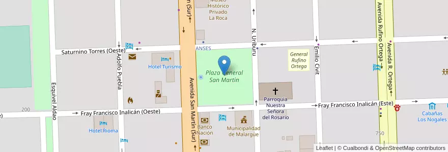 Mapa de ubicacion de Plaza General San Martín en آرژانتین, شیلی, Mendoza, Departamento Malargüe, Distrito Ciudad De Malargüe.