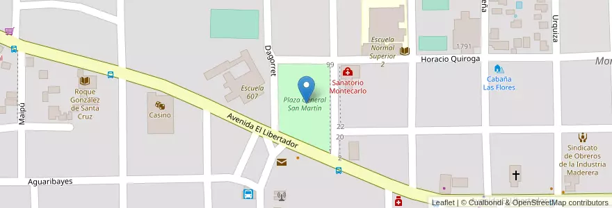 Mapa de ubicacion de Plaza General San Martín en アルゼンチン, ミシオネス州, Departamento Montecarlo, Municipio De Montecarlo, Montecarlo.
