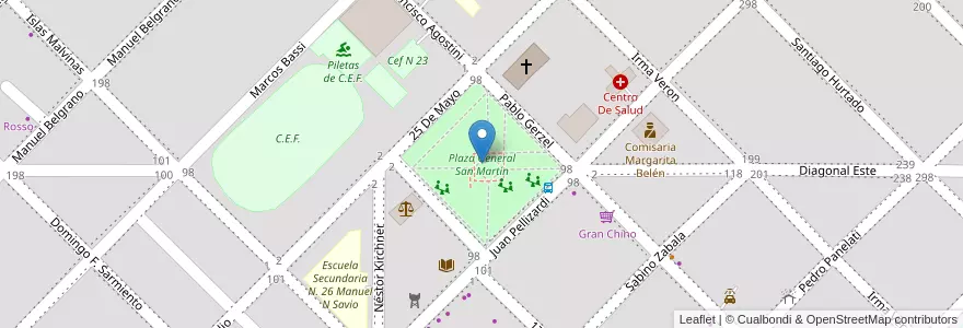 Mapa de ubicacion de Plaza General San Martín en アルゼンチン, チャコ州, Departamento Primero De Mayo, Municipio De Margarita Belén, Margarita Belén.