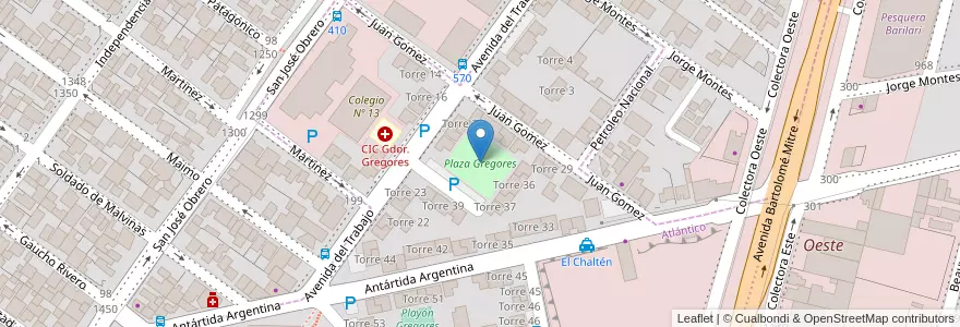 Mapa de ubicacion de Plaza Gregores en 아르헨티나, 칠레, 산타크루스주, Deseado, Caleta Olivia.